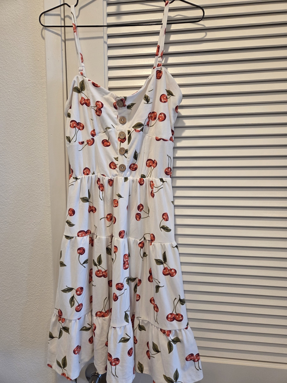 Womens White Cherry Print Tiered Sundress with Buttons